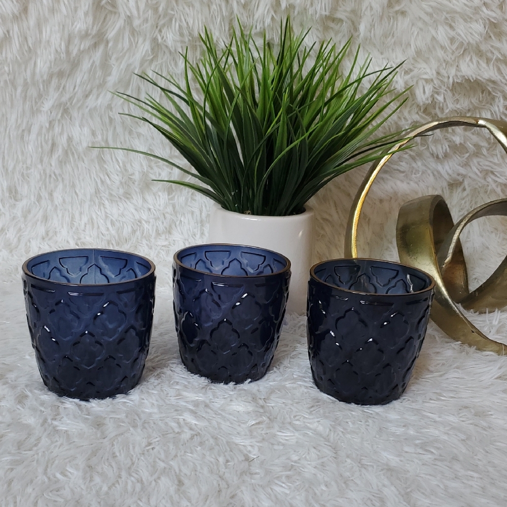 Set Of 3 Navy Blue & Gold Etched Glass 3.5" LED or Votive Candle Holders